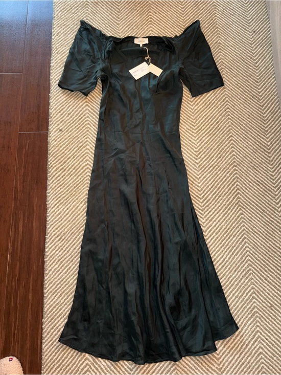 THE GREAT. Dresses & Skirts - THE GREAT. Dark Green Satin Maxi Dress with Short Puff Sleeves